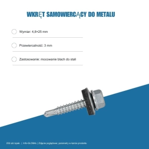 Wkręt samowiercący do metalu 4,8x25 mm, przewiercalność 3 mm, EPDM, 250 szt. – ocynk bez lakieru